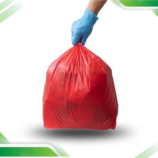 Vibrant and compostable red garbage bags, providing an eco-conscious waste disposal solution for environmentally aware consumers.